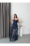 Navy Blue Strapless Flounced Polka Dot Evening Dress - 3
