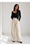 Women's Natural Linen Textured Wide-Leg Trousers with Pockets - 4