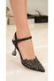 26Y121 Women's Black Stone Shiny Wedding Engagement Bride Design Quality Pointed Toe Thin Heeled Evening Dress Shoes - 3