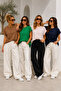 Women's 4-Pack Brown-Powder-Green-Navy Blue Cotton Double Sleeve Detailed Comfortable Fit T-Shirt - 3