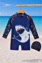 Boy's Long Sleeve Back Zipper Shorts Jumpsuit Swimsuit and Cap Set