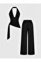 Black Halter Neck Top and Wide Leg Bottom Set with Tie-Neck Accessories - 2