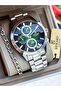 Functions Active, Silver Steel Cord in Stylish Box, Green Dial, Men's Wristwatch with Calendar + Chain Bracelet - 4