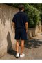 Men's Suit Waffle Fabric Cuban Collar T-Shirt & Shorts Navy Blue - 3