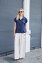 Women's Lycra-Free Wrinkled Fabric Collared Pocket-Covered Epaulet Low-Shoulder Short-Sleeve Shirt-Navy Blue