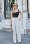 Women's Linen High Waist Elastic Waist Wide Leg Pants with Side Pockets-Stone - 2