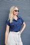 Women's Lycra-Free Wrinkled Fabric Collared Pocket-Covered Epaulet Low-Shoulder Short-Sleeve Shirt-Navy Blue - 7