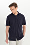 Men's Navy Blue Cotton Comfort Fit Relaxed Cut Classic Collar Knitted Shirt