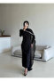 Black Double Fabric Cape Evening Dress Model with Belt on the Right Shoulder - 3