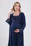 New Season Navy Blue Special Lace Design Strap 100% Cotton Maternity Nightgown-Dressing Gown Set of 2 - 9