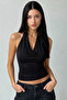 Women's Degaje Collar Crop 2-Piece Set (Brown - Blue Polka Dot & Black) - 4