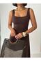 Crep Women's Square Neck Maxi Dress with Straps Sandy Fabric Flared Cut Brown Dress - 3