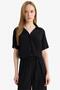 Regular Fit Cropped Collar Crinkle Viscose Short Sleeve Black Shirt (26 Sm) - 3