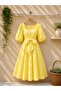 Yellow Flared Big Bow Square Neck Poplin Dress
