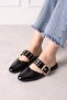 Salerno Black Wrinkled Patent Leather Gold Buckle Thick Strap Closed Front Women's Slippers - 2