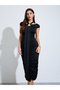 Black Ruched Midi Dress with Metal Decor