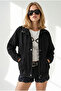 Women's Black Pocketed Zippered Long Denim Jacket with Snap Fasteners Ckt-19000258 - 4