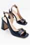 Women's Patent Leather Design Asymmetrical Strapped Blunt Toe Thick Heeled Shoes