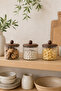 Set of 3 750 ml Acacia Lid Striped Glass Jar Set Coffee Tea Sugar Nuts Storage Container