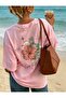 Pink Oversize Cotton T-Shirt with Turtle and Flower Print, Relaxed Fit, Unisex - 2