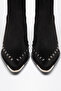 Black Matte Suede Flat Trok Detail Elastic Metal Toe Western Cowboy Short Ankle Boots - 4