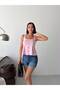 Women's Pink Square Neck Button Detailed Corset Stitched Blouse Get26369