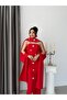 Red Strapless Floral Stone Embroidered Long Evening Dress with Shawl Detail - 4