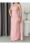 Powder Strapless Floral Stone Embroidered Shawl Detailed Long Evening Dress - 5