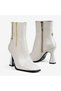 Women's Beige Patent Leather Blunt Toe Gold Chain Detailed Goblet Heeled Zippered Boots - 2