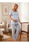 New Season Blue Summer Breastfeeding Feature Scallop Linen Detailed Design Short Sleeve 100% Cotton Maternity Pajama Set - 7