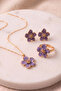 Purple Color Sakura Flower Necklace Earrings Ring Set in Gift Box