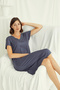 Women's Indigo Blue Viscose Nightgown with Lace Detail - V-Neck Short Sleeve Stylish Flowy Home Dress - 4