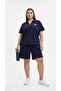 Women's Plus Size Short Sleeve Chest Label Detailed Polo Collar Shorts Set 8286-26 - 2