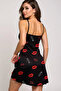 Lip Patterned Black Strap Nightdress - 4