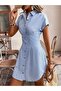 Women's Short Sleeve Collared Front Buttoned Short Tricotine Dress - 3