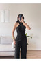 Women's Black Halter Neck Linen Jumpsuit Black - 3