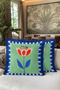 Floral Pattern Colorful Fringed Pillowcase - Artistic Botanical Green Navy Blue Tassel Throw Pillow Cover