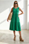 Women's Grass Green Crew Neck Segmented Sleeveless Cotton Dress Elb-19002665 - 2