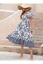 Women's short sleeve double breasted neckline skirt flounced floral print lycra satin midi length dress - 7
