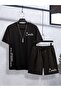 Smile Text T-Shirt Shorts Koboistdin Set - Black Printed Oversize Crew Neck