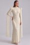 Exclusive Hijab Evening Dress with Pearl and Stone Patterns on the Shoulders and Feather and Cape Detail Cream 1108 - 5