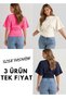 3-Piece Women's Fitted Top Blouse-T-Shirt with Wide Sleeves (Pink-Cream-Navy Blue) - 2