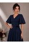 Di̇va Detachable Belt Detailed Navy Blue V-Neck Flared Long Evening Gown/Dress - 4