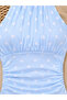 Baby Blue Polka Dot Halter Neck Gathered Draped Stylish Cropped Blouse - 5