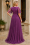 Women's Double Breasted Collar Short Sleeve Tulle Sleeve Lycra Stretchy Glitter Lined Long Plum Evening Dress - 3