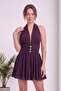 Women's Halter Neck Backless Front Button Detailed Mini Evening Dress Ecru, Plum - 6