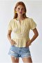 4895 Women's Transparent Embroidered Floral Patterned Balloon Sleeve Blouse Yellow - 3