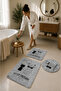 Non-Slip Based Washable 3-Piece Round Gray Bath Mat and Toilet Set with Cat Pattern Bathroom Rug - 2