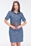 Women's Blue Denim Pocket Detailed Belted Midi Dress