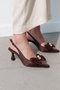 Women's Brown Satin Pearl Bow Open-Back Heeled Shoes 7cm